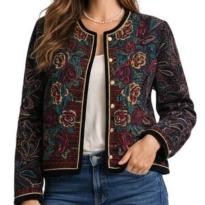 Vtg Saxton Hall Embroidered Blazer 16 Made in Japan Floral Quilted Velvet Jacket